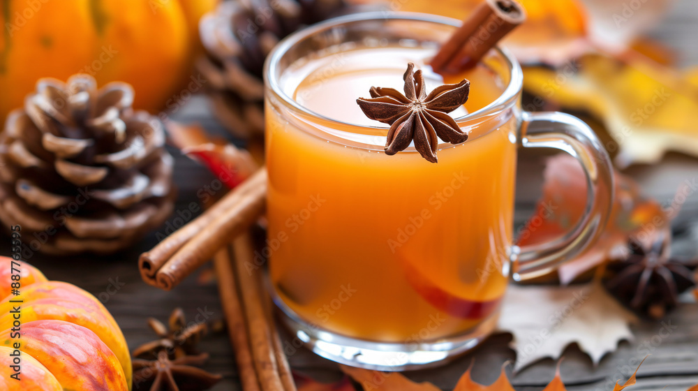 a warm mug of spiced apple cider, garnished with a cinnamon stick and star anise, set on a table with autumn leaves and pinecones a warm mug of spiced apple cider, garnished with a cinnamon stick and star anise, set on a table with autumn leaves and pinecones