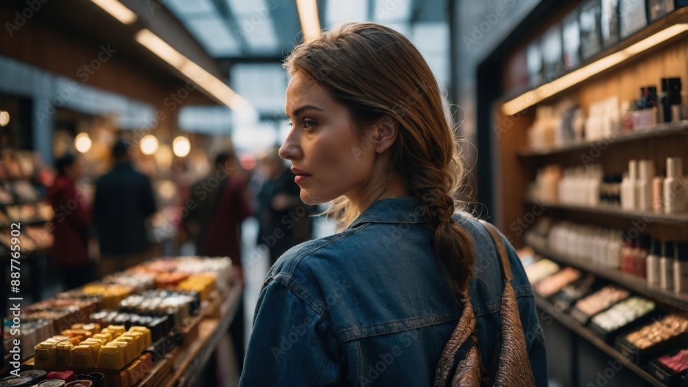 A woman with a braided hairstyle shops in a beauty product store, browsing various skincare and makeup items displayed on shelves.
A woman with a braided hairstyle shops in a beauty product store, browsing various skincare and makeup items displayed on shelves.