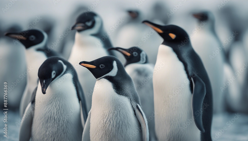 Fototapeta premium A colony of penguins huddling on the ice, overcast day 