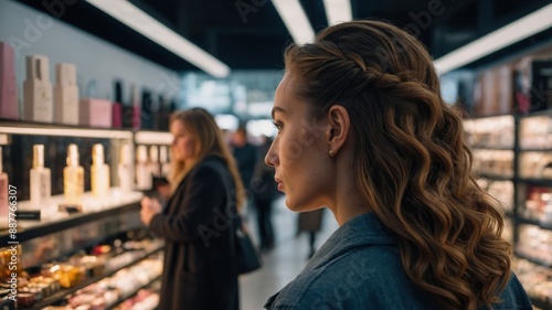A woman with styled hair browses cosmetic products in a beauty store, thoughtfully examining various skincare and makeup options on display.
