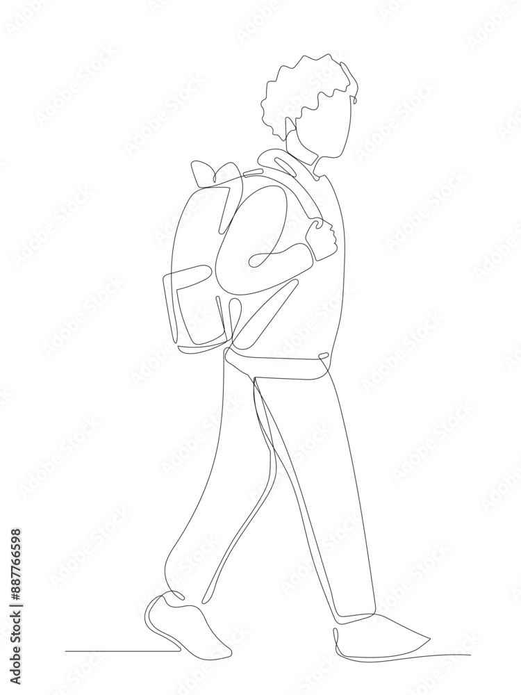 Continuous one line art of a student going to school. Continuous one line art of a student going to school.