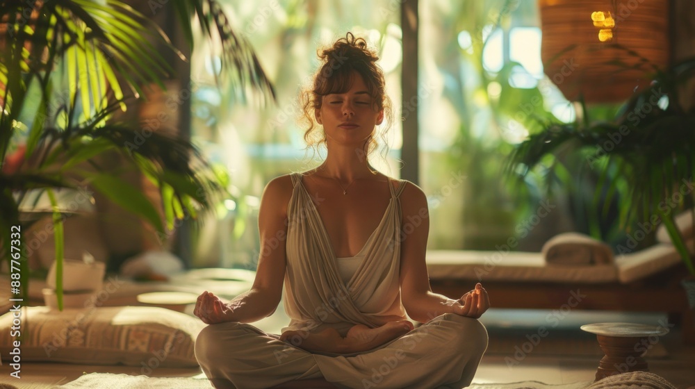 A peaceful scene of a mother meditating in a spa relaxation room, surrounded by calming decor and natural elements. She sits comfortably on a cushion, eyes closed, and hands resting on her knees, A peaceful scene of a mother meditating in a spa relaxation room, surrounded by calming decor and natural elements. She sits comfortably on a cushion, eyes closed, and hands resting on her knees,