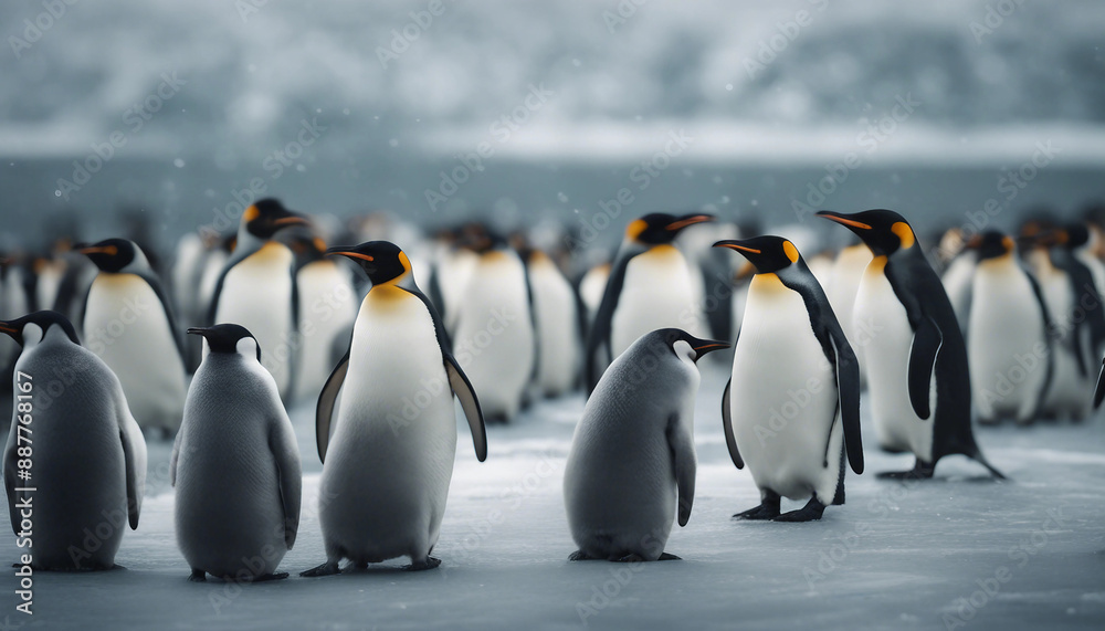 Obraz premium A colony of penguins huddling on the ice, overcast day 