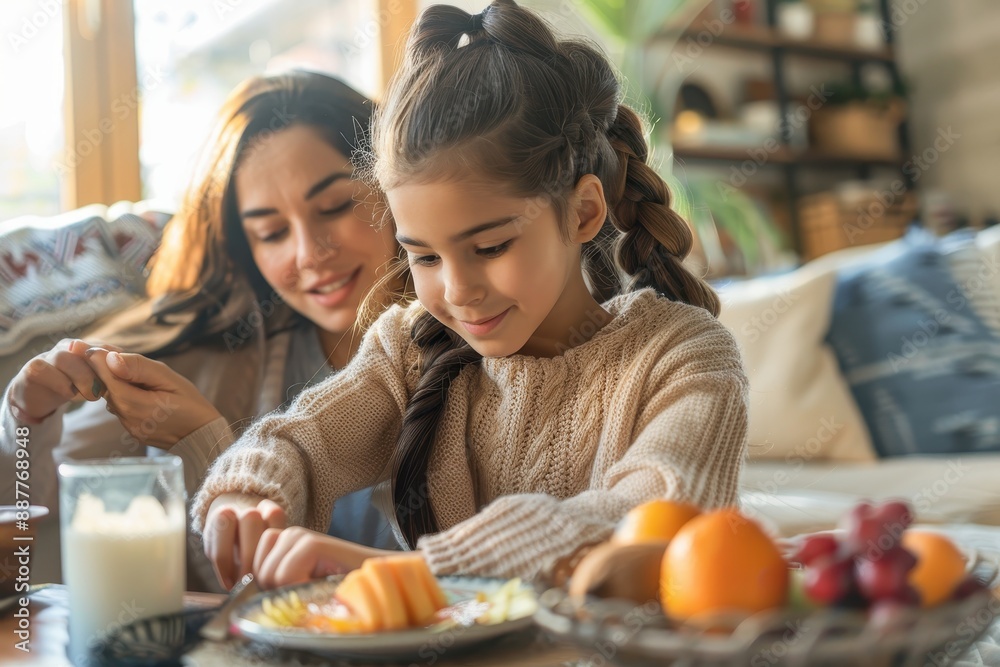 A mother braiding her daughter's hair as they sit together in the living room, breakfast plates with fruit and yogurt nearby, soft morning light enhancing the serene atmosphere A mother braiding her daughter's hair as they sit together in the living room, breakfast plates with fruit and yogurt nearby, soft morning light enhancing the serene atmosphere