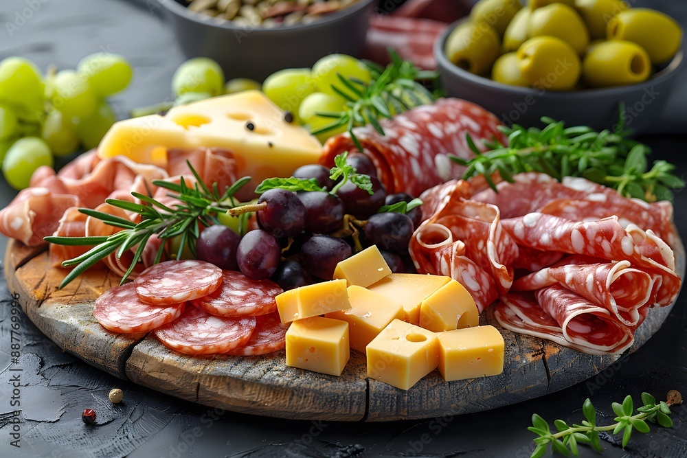 Gourmet Charcuterie Board with Cheeses, Grapes, Olives, and Cured Meats for Holiday Entertaining Gourmet Charcuterie Board with Cheeses, Grapes, Olives, and Cured Meats for Holiday Entertaining
