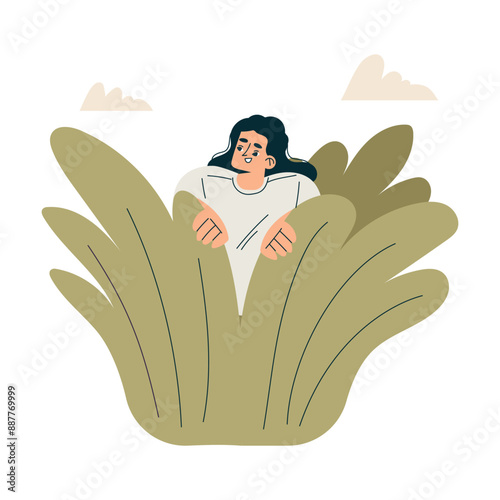 Look to Future with Woman Character Sit in Bush View Horizon Vector Illustration