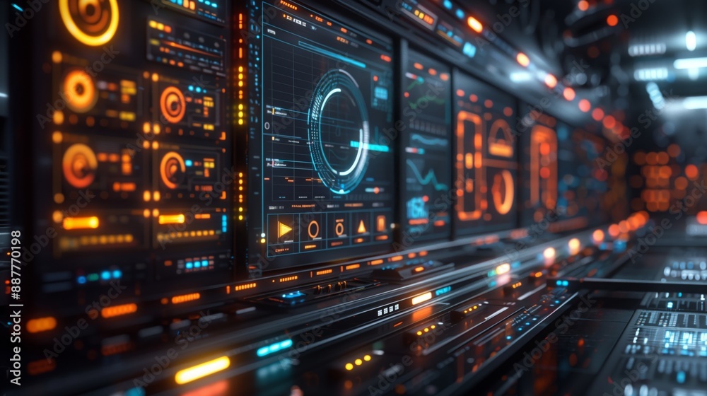 A futuristic lab with a network of monitors displaying data, showcasing an AI system monitoring and optimizing equipment. A futuristic lab with a network of monitors displaying data, showcasing an AI system monitoring and optimizing equipment.