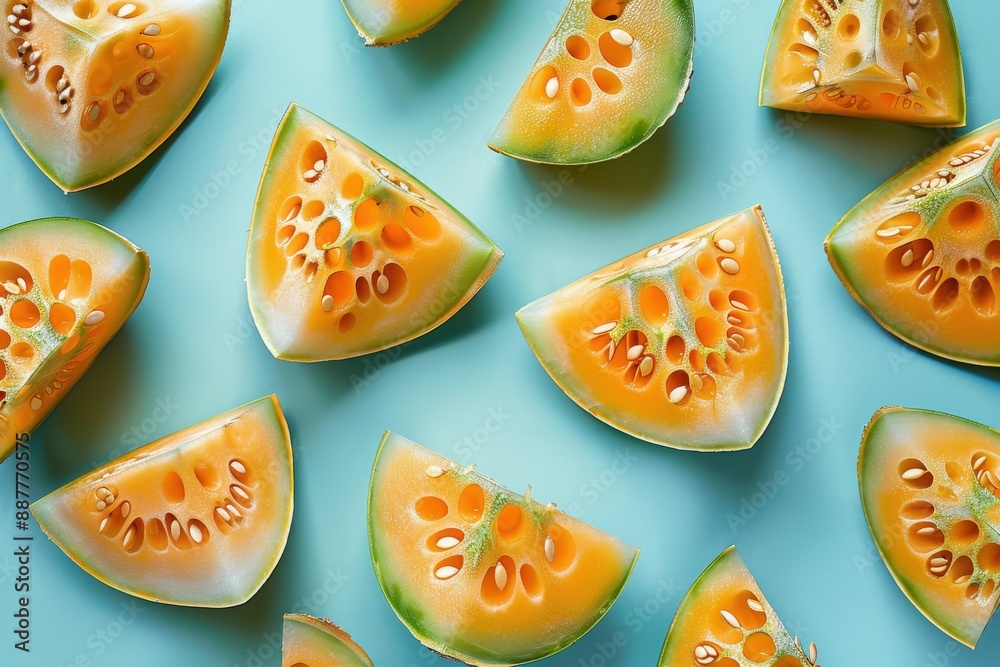 Colorful Melon Slices on Blue Background Colorful Melon Slices on Blue Background