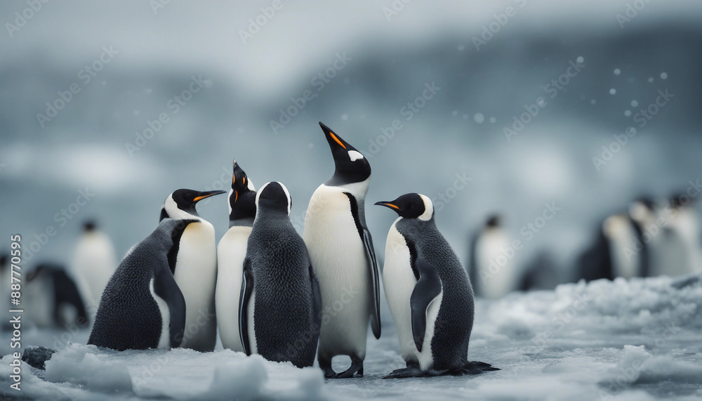 Obraz premium A colony of penguins huddling on the ice, overcast day 