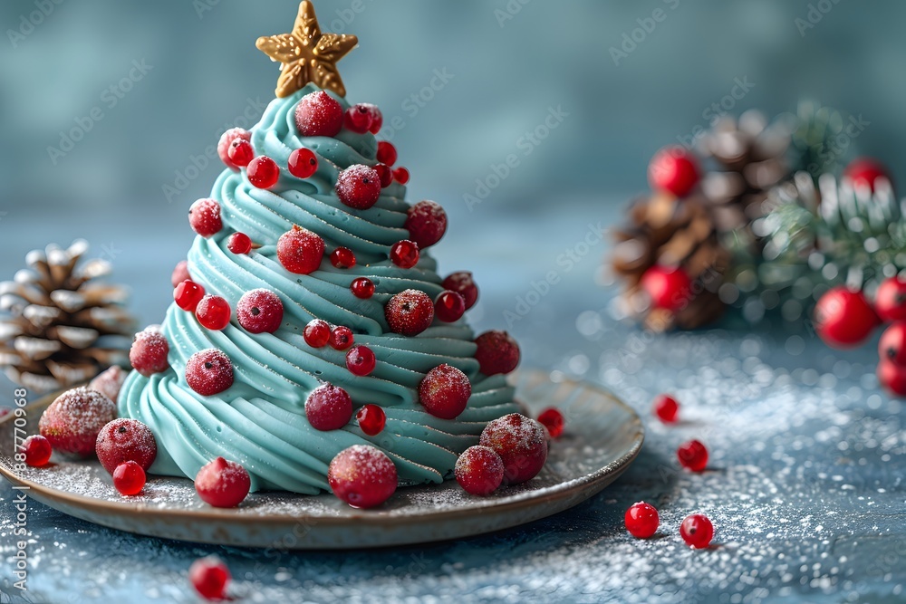 Festive Christmas Tree-Shaped Cake with Berries and Star Topper on Blue Background - Perfect for Holiday Celebrations