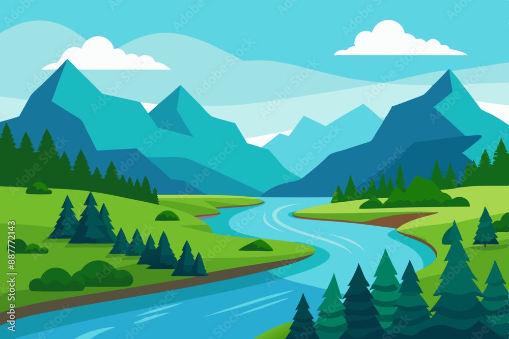 River landscape illustration with a view of green fields, mountains, and trees River landscape illustration with a view of green fields, mountains, and trees