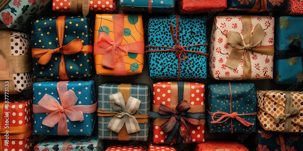 Riesiger Stapel Geschenke, verpackt in verschiedenen Mustern und Farben, Ansicht von oben Riesiger Stapel Geschenke, verpackt in verschiedenen Mustern und Farben, Ansicht von oben