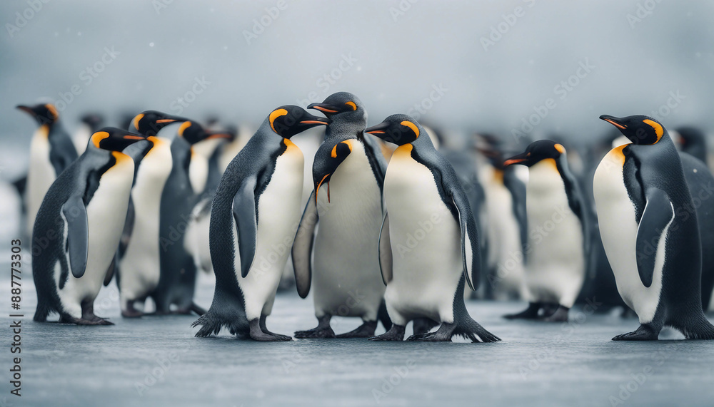 Obraz premium A colony of penguins huddling on the ice, overcast day 