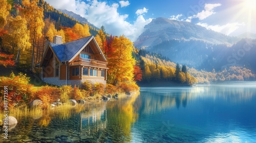 Vacation house with scenic view in Fall with colorful foliage by lake © Joyce