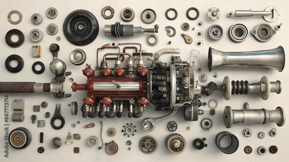 3. "An exploded view of a vintage engine with all its components laid ...