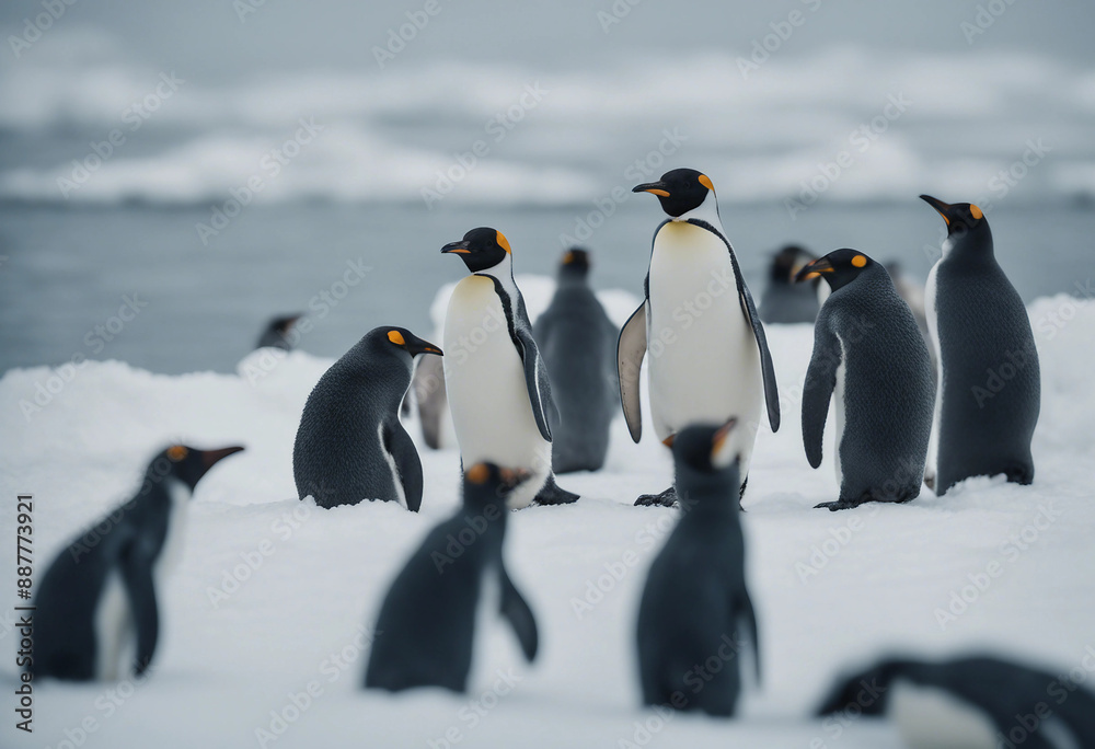 Fototapeta premium A colony of penguins huddling on the ice, overcast day