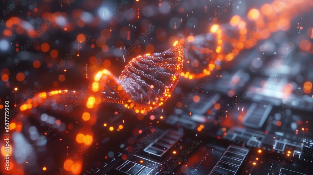 A digital representation of synthetic DNA being assembled, depicted as a glowing helix floating above a circuit board. A digital representation of synthetic DNA being assembled, depicted as a glowing helix floating above a circuit board.