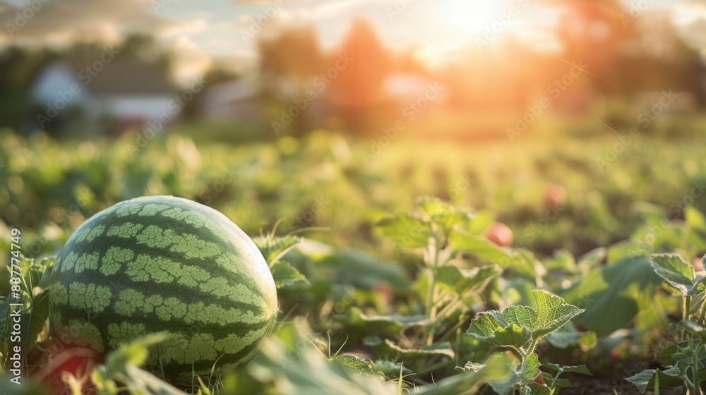 Watermelon growing in plantation field in farm Watermelon growing in plantation field in farm