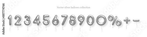 Birthday silver balloon numbers isolated on white background. Set of steel or chrome isolated numbers. Bright metallic 3D realistic vector design elements for anniversary, celebration, party, sale.