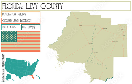 Large and detailed map of Levy County in Florida USA.