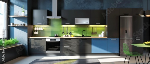 Contemporary kitchen with black and blue cabinets and a green backsplash, bathed in natural sunlight