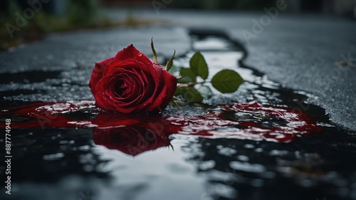 Fototapeta Naklejka Na Ścianę i Meble -  red rose in a pool puddle of dripping blood Velvet, Heartfelt, Infatuation, Romantic, Tenderness, Soulmate.
