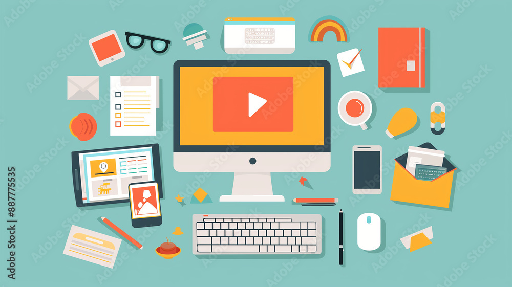 Flat vector style illustration of business resources and technology Flat vector style illustration of business resources and technology