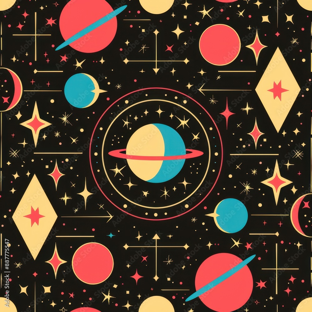 Obraz premium Vintage Space Pattern With Planets and Stars