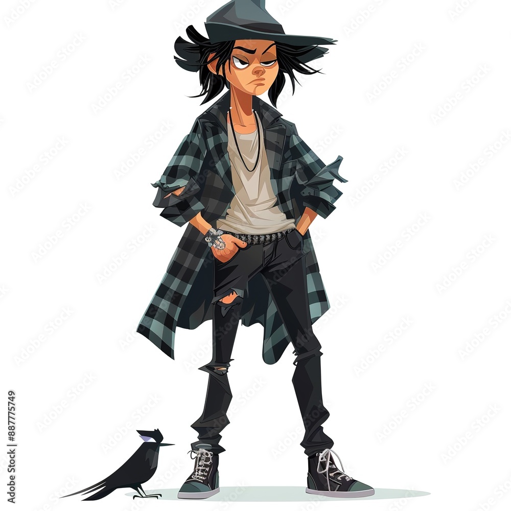 Crow Tomboy fashion cartoon isolated whitebackground Crow Tomboy fashion cartoon isolated whitebackground