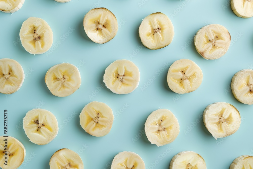 Pattern of Banana Slices on Blue view of banana slices evenly arranged on a light blue background. Ideal for breakfast or healthy snack themes Pattern of Banana Slices on Blue view of banana slices evenly arranged on a light blue background. Ideal for breakfast or healthy snack themes