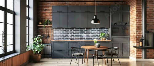 Stylish modern kitchen with black cabinets, wooden dining table, and industrial charm from an exposed brick wall