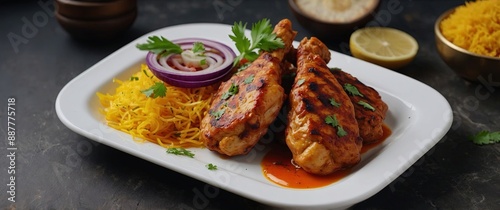 Persian Joojeh Kabab Grilled Saffron Chicken, fresh foods in minimal style. photo