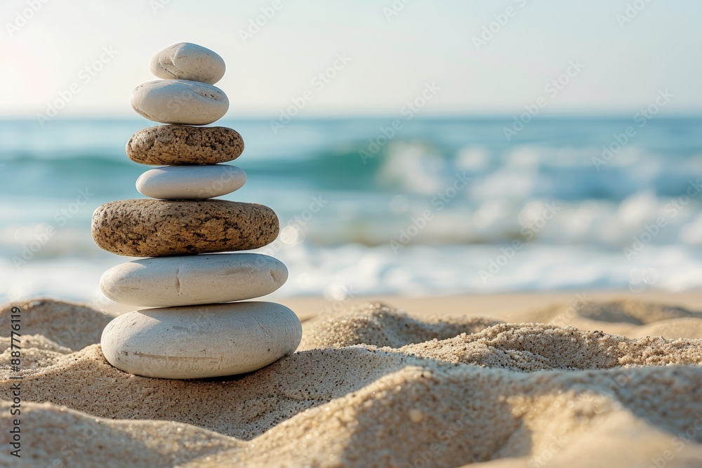 A serene stack of smooth pebbles balanced on a sandy beach with the ocean in the background. A serene stack of smooth pebbles balanced on a sandy beach with the ocean in the background.