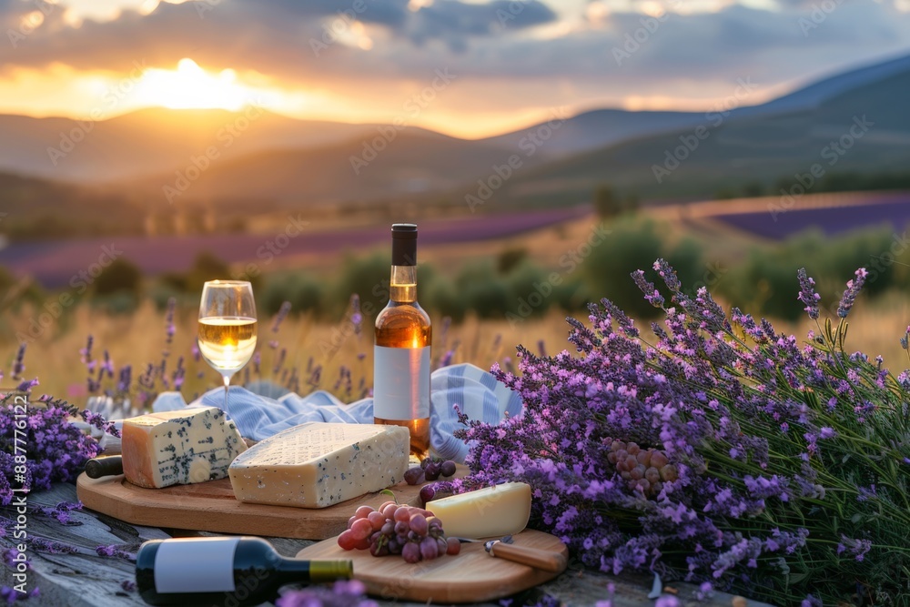 Fototapeta premium A picturesque vineyard picnic with wine, cheese, and grapes set against a beautiful sunset.