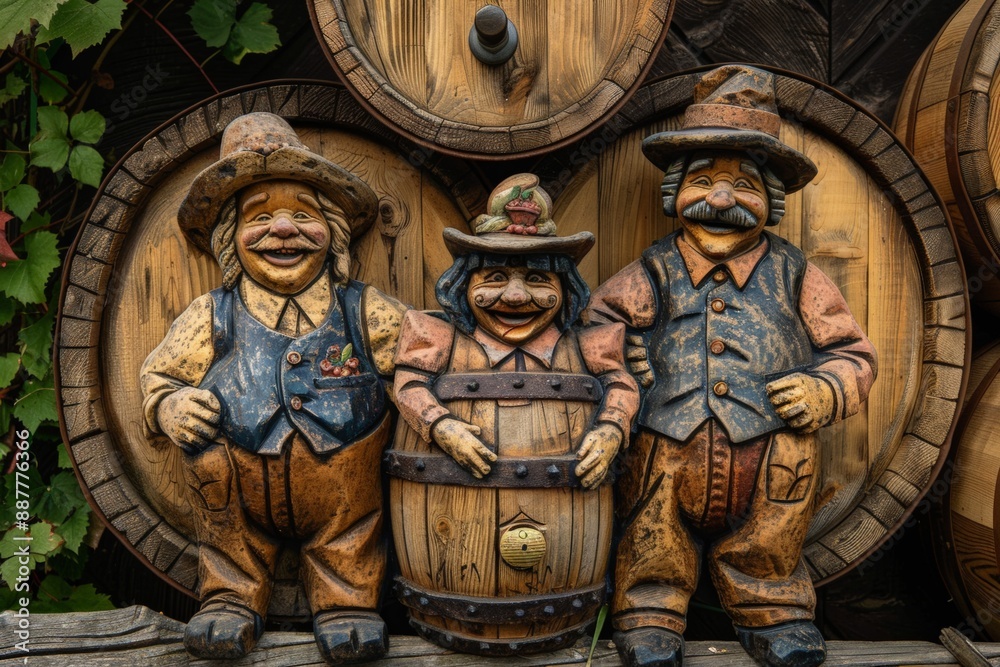 Obraz premium Three charming wooden figures dressed in traditional attire, standing in front of wooden barrels.