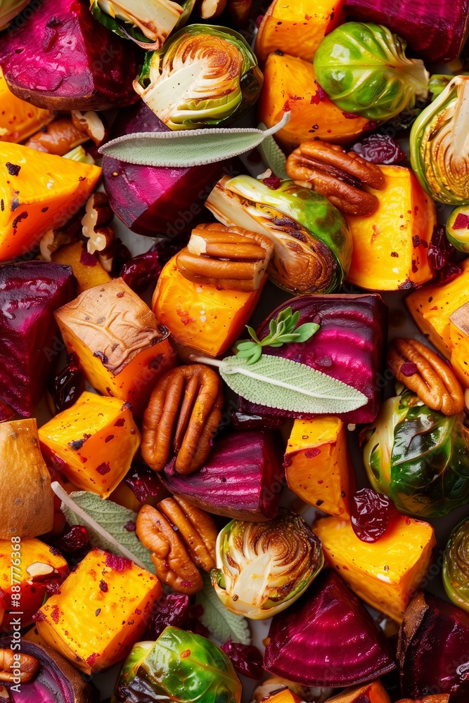 roasted vegetable medley with brussels sprouts, beets, sweet potatoes, pecans, and cranberries, creating a colorful and nutritious side dish, vibrant and contrasting colors roasted vegetable medley with brussels sprouts, beets, sweet potatoes, pecans, and cranberries, creating a colorful and nutritious side dish, vibrant and contrasting colors