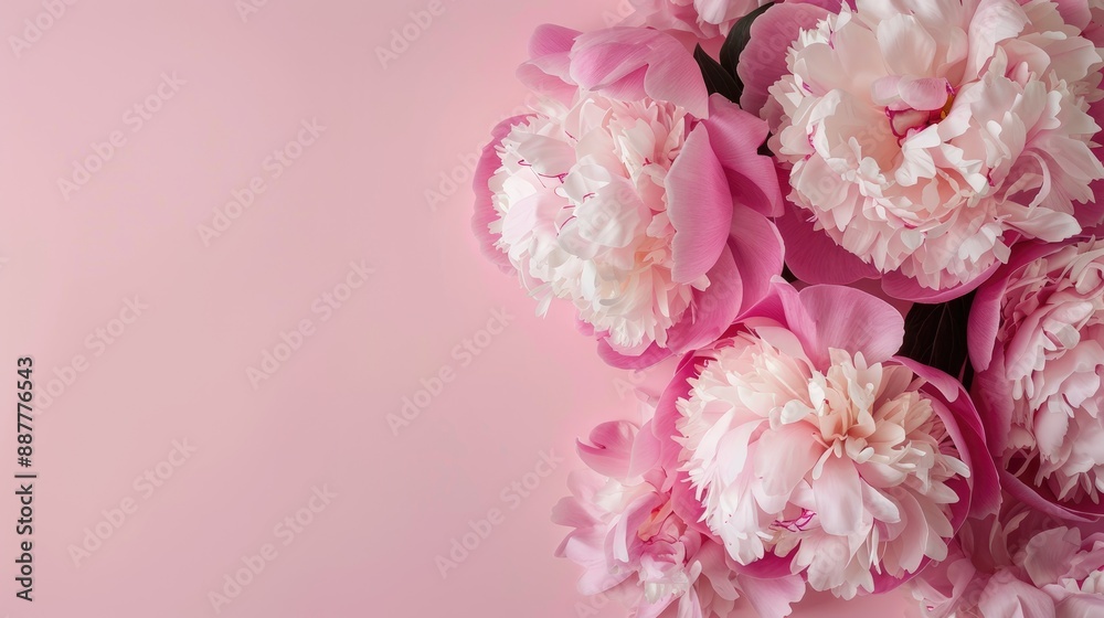 Top view photo of peonies on pastel pink background with copy space Top view photo of peonies on pastel pink background with copy space