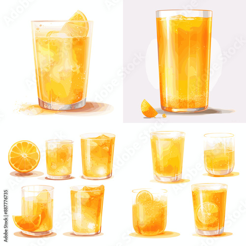 A set of six orange juice glasses with a slice of orange in each
