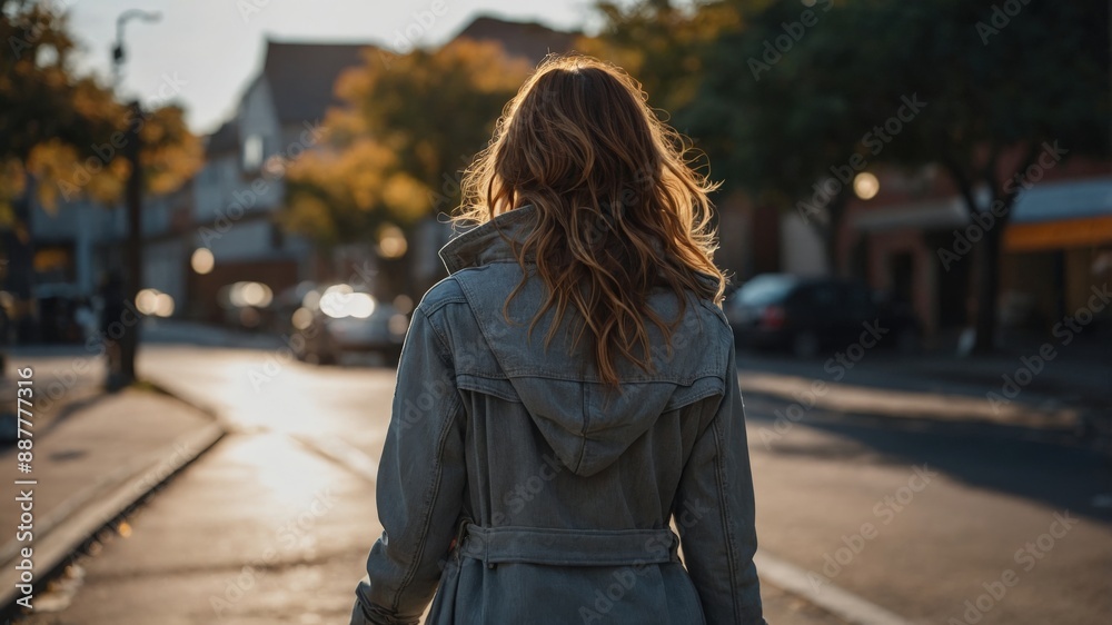 Fototapeta premium A woman with wavy hair and a coat strolls down a sunny urban street, basking in the warm light and enjoying a peaceful moment. 