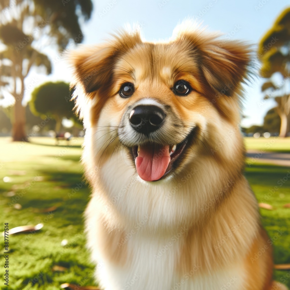 A dog with a pink tongue is smiling and looking at the camera A dog with a pink tongue is smiling and looking at the camera
