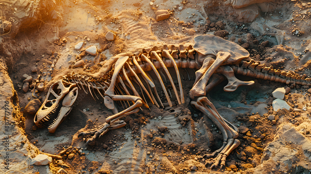Naklejka premium Digging Deep: Uncovering Fossilized Dinosaurs on Earth's Surface excavation sedimentary bones