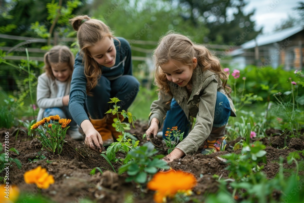 An endearing image of a mother and her children gardening in their backyard. They plant flowers and vegetables, getting their hands dirty in the soil. The photo showcases their teamwork, love for An endearing image of a mother and her children gardening in their backyard. They plant flowers and vegetables, getting their hands dirty in the soil. The photo showcases their teamwork, love for