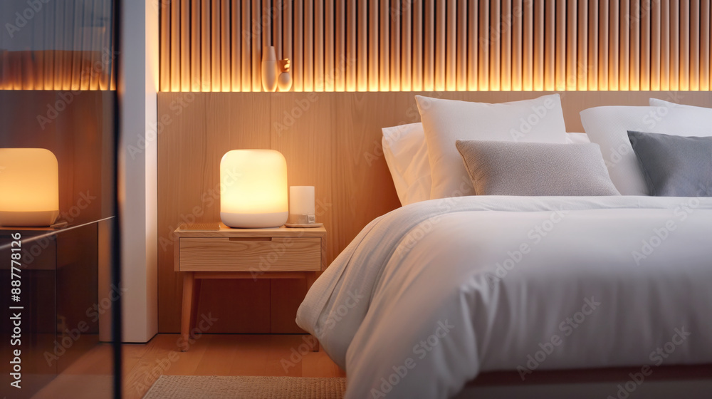 Modern bedroom with a neatly made bed, wooden nightstand, contemporary lamp, and wooden slatted headboard with ambient lighting. Modern bedroom with a neatly made bed, wooden nightstand, contemporary lamp, and wooden slatted headboard with ambient lighting.