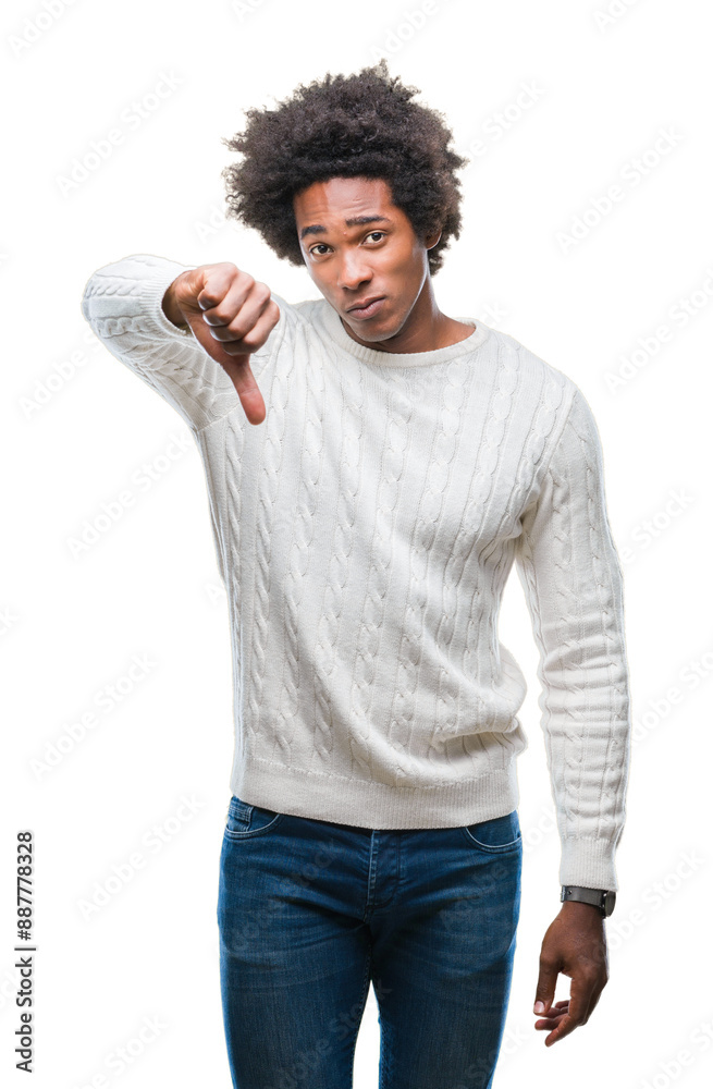 Afro american man over isolated background looking unhappy and angry showing rejection and negative with thumbs down gesture. Bad expression. Afro american man over isolated background looking unhappy and angry showing rejection and negative with thumbs down gesture. Bad expression.