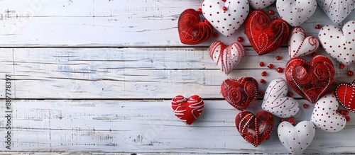 Valentine s Day background featuring artisanal heart shaped toys on a white wooden backdrop with room for copy space image