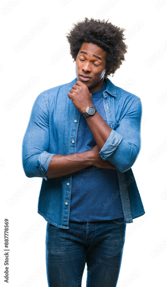 Afro american man over isolated background thinking looking tired and bored with depression problems with crossed arms. Afro american man over isolated background thinking looking tired and bored with depression problems with crossed arms.