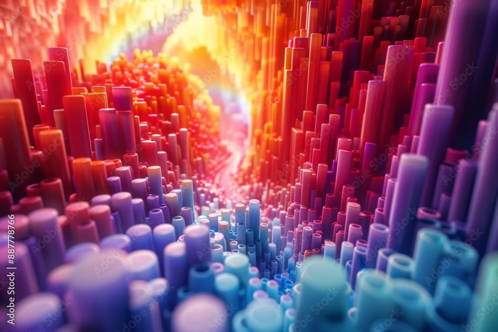 Obraz premium Vibrant abstract landscape with multicolored spikes forming a futuristic cityscape.