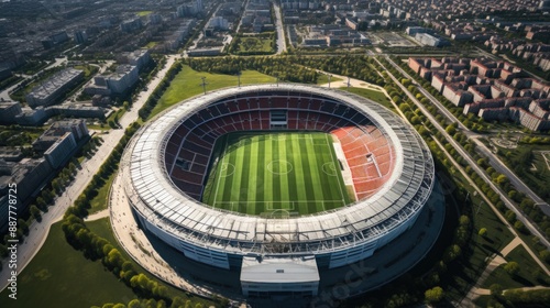 Serene Aerial View of Empty Soccer Stadium with Lush Green Field and Grand Stands photo