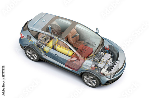 Hydrogen car technical cutaway 3D rendering.