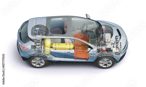 Hydrogen car technical cutaway 3D rendering.